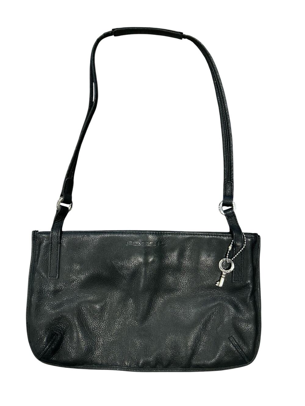 Fossil Vintage Black Pebbled Leather East West Shoulder Bag w/ Key Charm